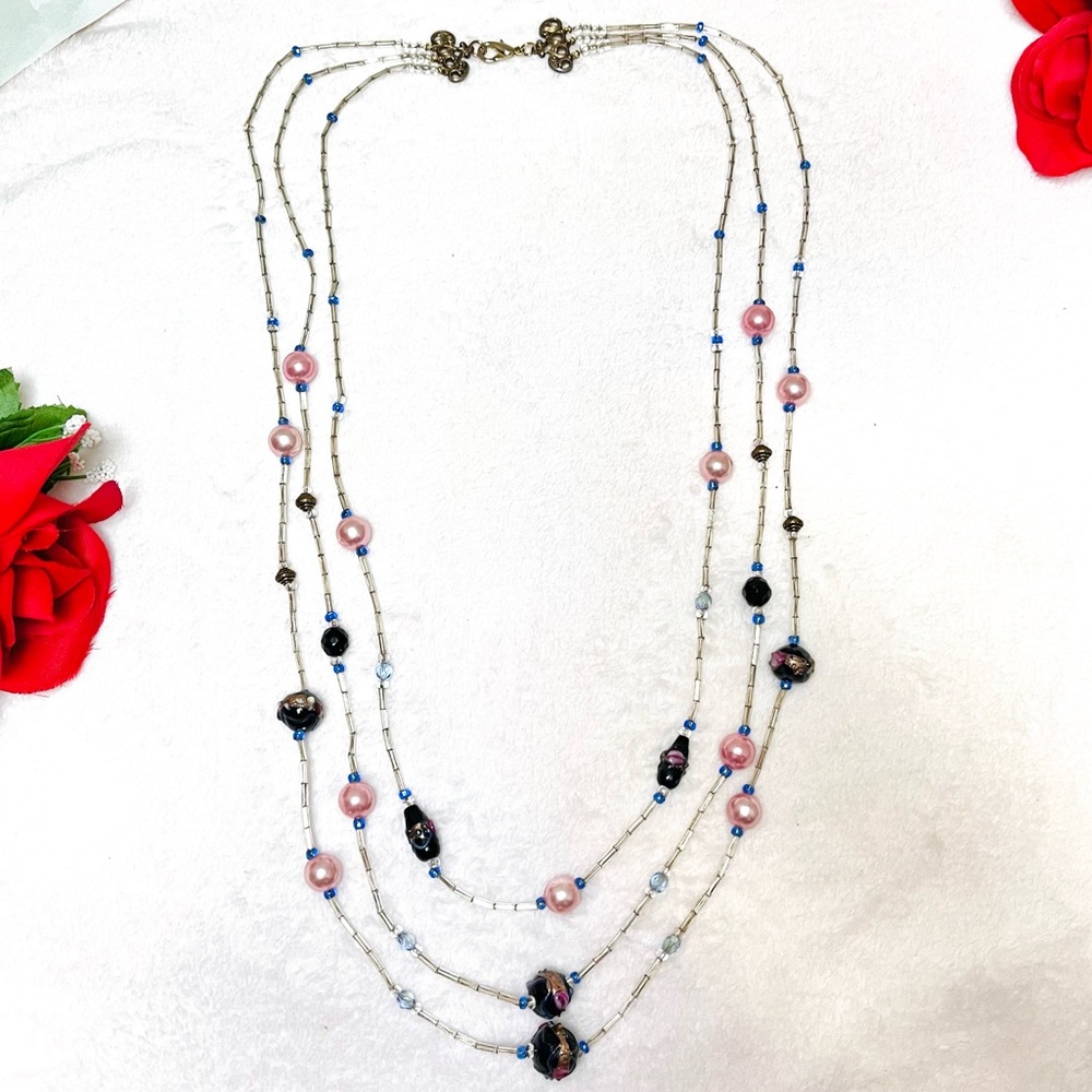 Vintage 3-strand Wedding Cake Beaded Necklace with Bugle Beads & Pink Pearls - Picture 8 of 15